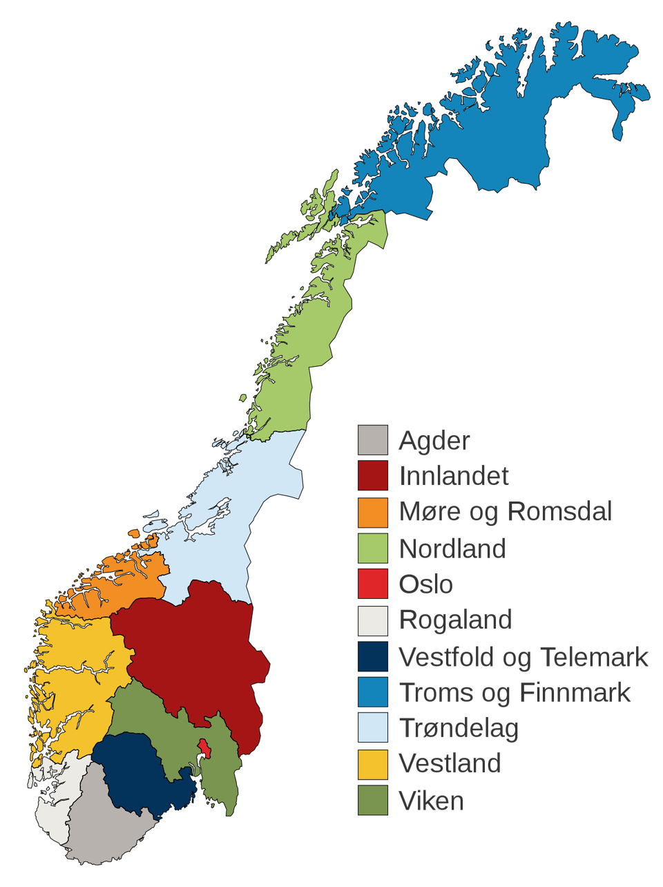 kart over fylkeskommuner